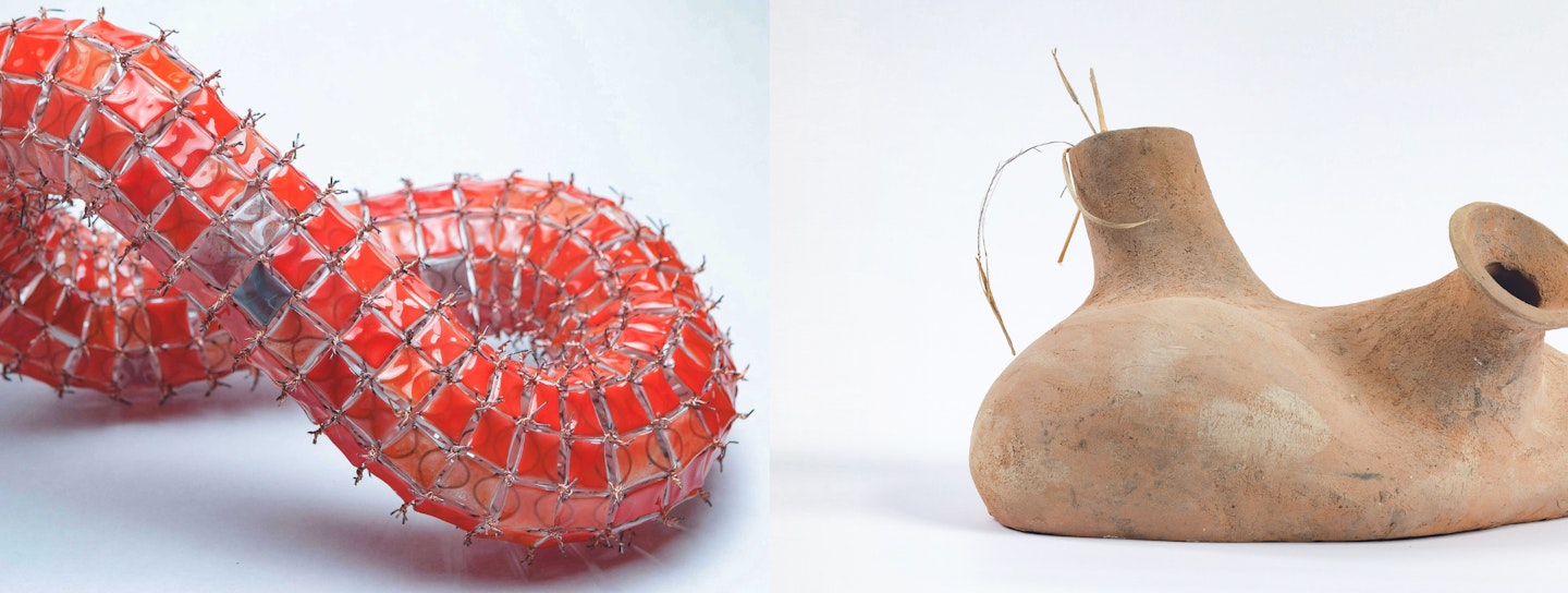 Left: Glass Sculpture (Photo by Inese Kalnina) by Latvian Glass artist Marta. Right: Stone Sculpture by British sculptor Gail.