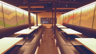 Japanese Restaurant Interior Design Featuring Panels Dressed in Decorative Paper Made with Karakami Printmaking Techniques. Learn how to print your own custom paper to use in interior decor #creativevacation #vawaa #japan #printmaking #printmakingtechniques #decorativepaper #papercrafts #homedecor #slowtravel  #howtomake #interiordesign