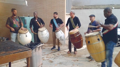 Practicing with artist friends on candombe drums