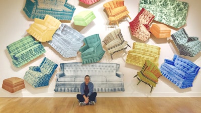 Photo etching and silkscreen wall artwork with colorful furniture by Boston-based artist via VAWAA - Vacation with an Artist #artist #art #silkscreen #printmaking #boston #vawaa #creativevacation