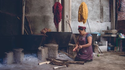 Woman in Oaxaca, Mexico, preparing natural dyes from cochineal, indigo, mosses and barks in her traditional Zapotec studio. Join her for a private workshop to learn natural dyeing fabric techniques #creativevacation #vawaa  #travelmexico #oaxaca #creativity #naturalfabricdyeing #naturaldyes #slowtravel #cochineal #crafts #howtomake