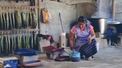 Artisan woman in Oaxaca, Mexico, preparing natural dyes from cochineal, indigo, mosses and barks in her traditional Zapotec studio. Join her for a private workshop to learn natural dyeing fabric techniques #creativevacation #vawaa  #travelmexico #oaxaca #creativity #naturalfabricdyeing #naturaldyes #slowtravel #cochineal #crafts #howtomake