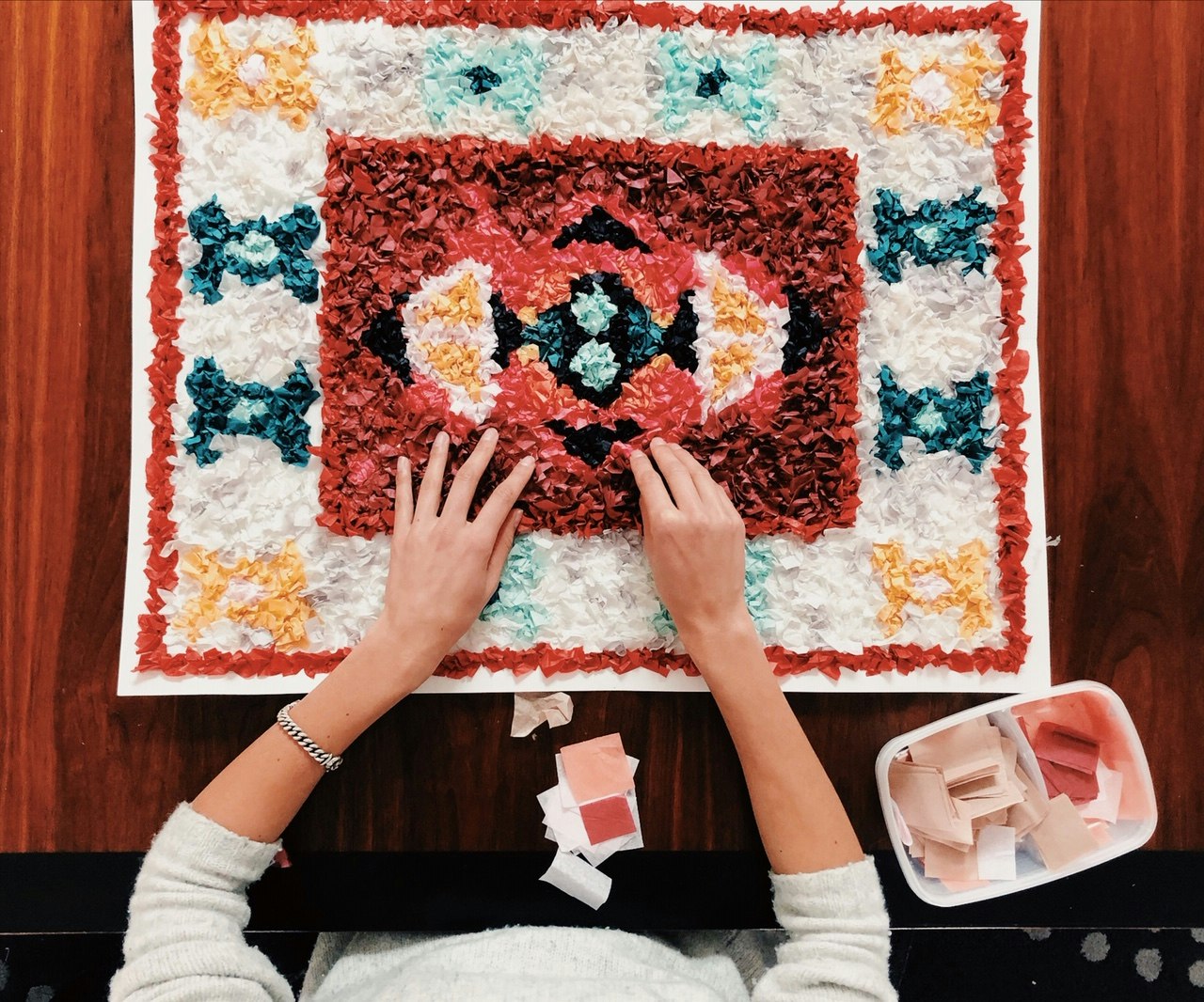 """We make stuff so that we can return back to who we really are. Creative beings."" Read the full story and see more pics of this tissue paper mosaic on the VAWAA blog.   #vawaa #homedecor #art #artist #artwork #paper  #papercrafts  #paperart "