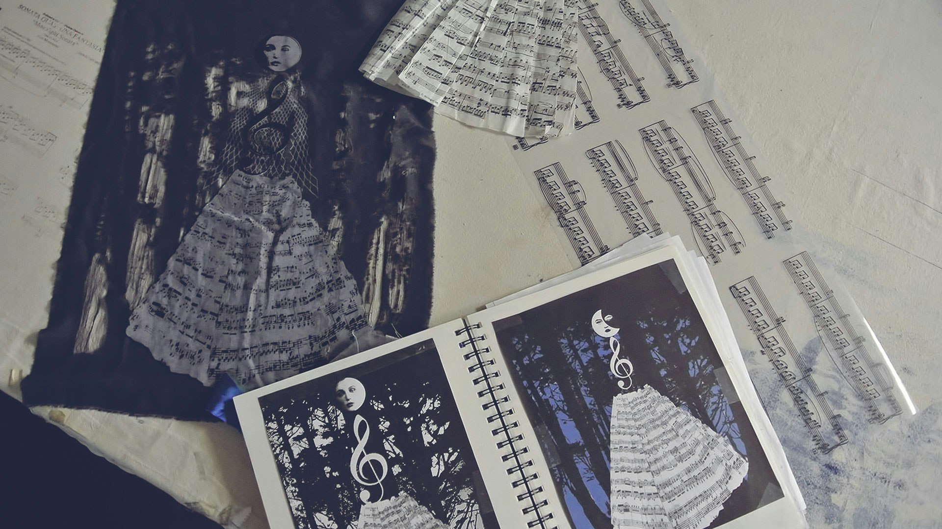 Textile print with juxtaposition of images.