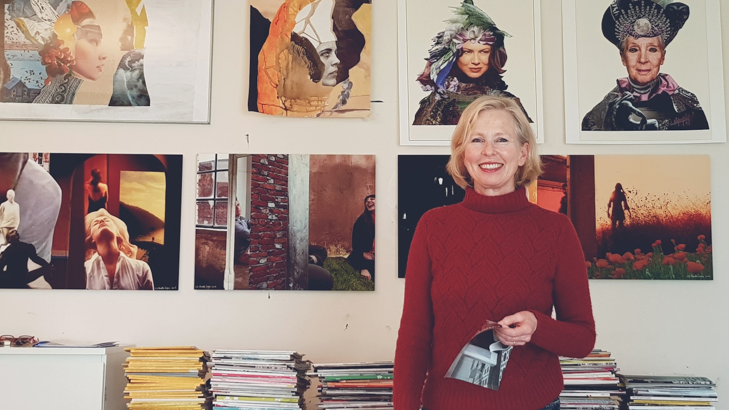 In the studio with Annette, collage & photomontage artist  | Travel & Art Experience in Greece via VAWAA - Vacation with an Artist #vawaa #creativevacation #art #artist #travel #collage #inspiration #creativity #learn #DIY #greece