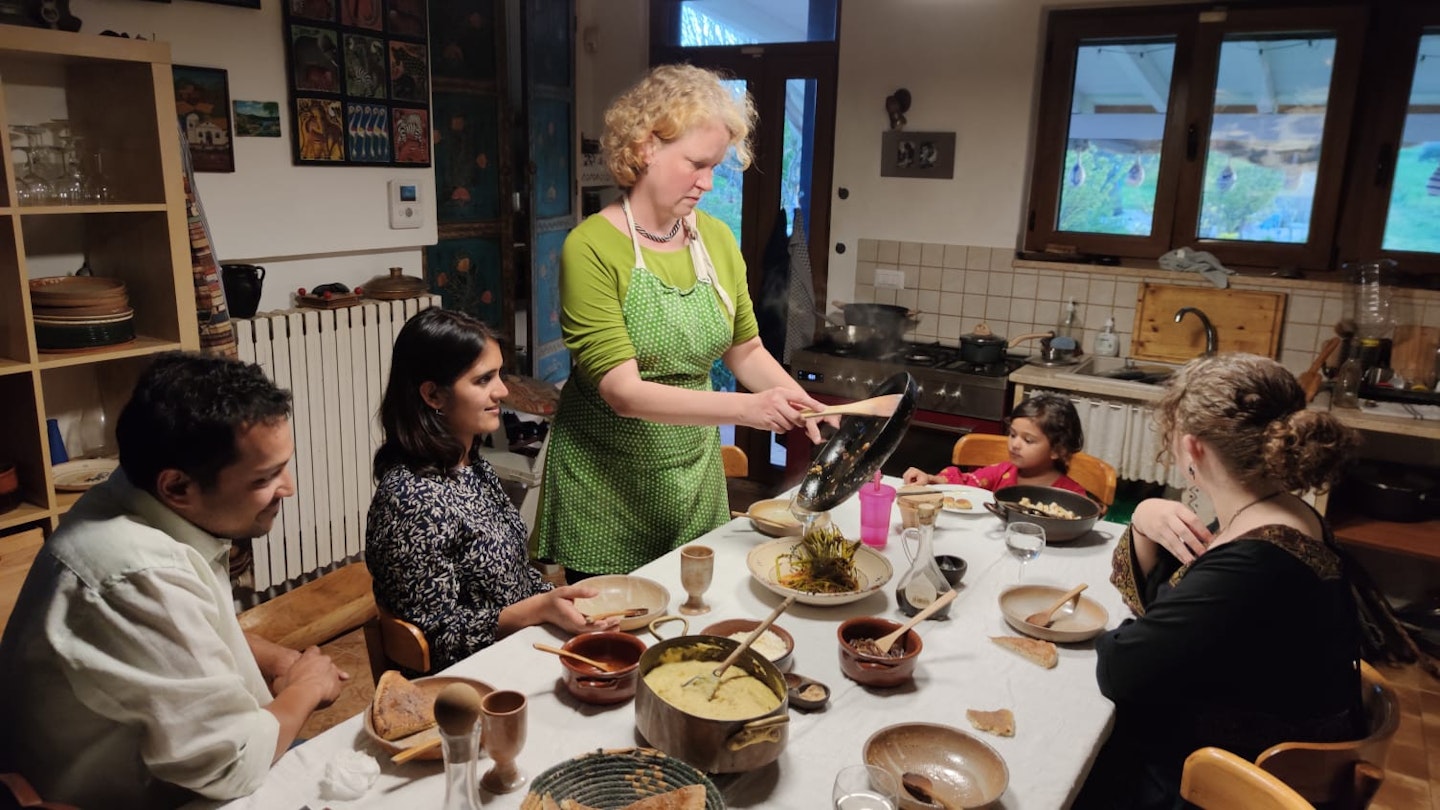 VAWAA artist Ursula and guest Sonam's family enjoy an art education in historical cuisine.